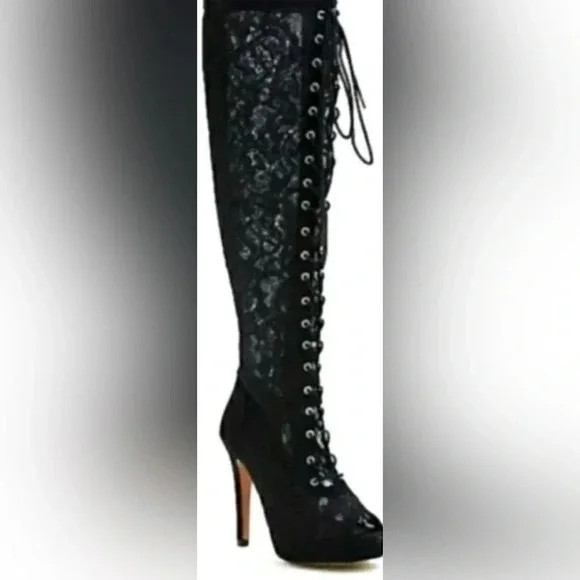 New-TORRID Black Lace Over The Knee Zipper Open Toe Boots. Size 9.5 Wide. - Picture 2 of 13